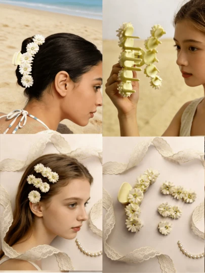 Cream Daisy Claw Clip For Women, Cute Flower Hair Clip With Rhinestone, Non-Slip Hair Accessory For Boho Style