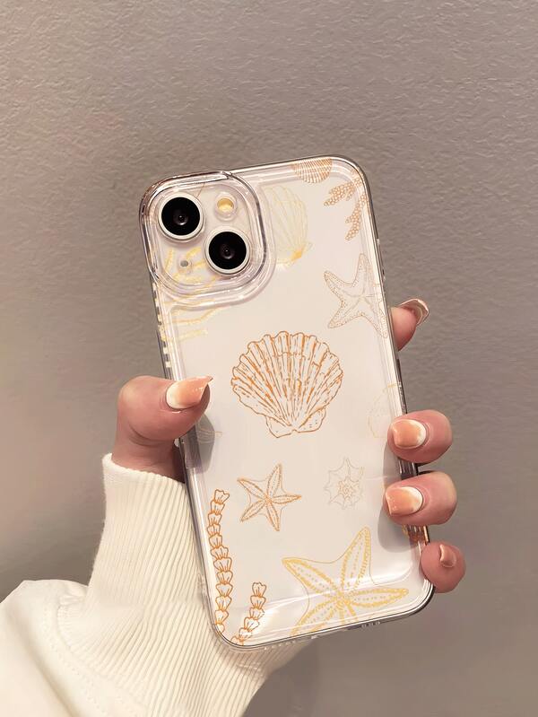 1pc Minimalist Line Design Transparent Gold Starfish & Shell Pattern TPU Soft Protective Phone Case, Suitable As Birthday/Holiday Gift For Friends, Family, Couples, Compatible With Apple Phones