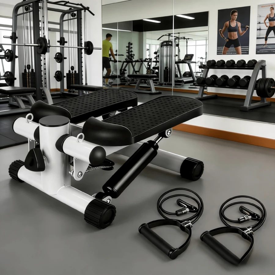 1 szt. przenośny mini stepper z taśmami oporowymi, kompaktowy schodołaz do ćwiczeń całego ciała, sprzęt fitness do domu i biura z pedałami antypoślizgowymi, urządzenie fitness o niskim wpływie na środowisko, stylowy czarno-biały design - Wielokolorowe - Zobacz 1