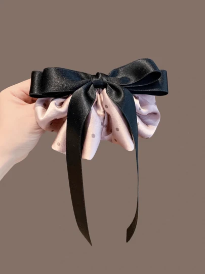 French Polka Dot Satin Bow Hair Clip, Korean Luxury Style Hair Accessory, Flattering Hairstyle, Durable For Commute, Date, Party And More Occasions