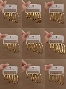 OBOVAY 3 Pairs/Set Stainless Steel Gold-Plated C-Shaped Earrings, Women's Polished Geometric Design Earring Set, Suitable For All Seasons, Daily Wear, Parties And Banquets - Multi-size Earring Set - View 5