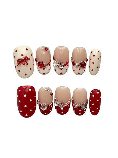 10pcs It Features A Playful Color Palette Of Creamy White And Deep Red, Adorned With Classic Polka Dots, 3D Bow Accents, And Sparkling Red And Silver Rhinestones, Exuding A Sweet Yet Edgy Vibe. The Glossy Finish And Intricate Details Create A Glamorous And Retro Texture. This Eye-Catching Style Is Perfect For Adding A Touch Of Personality To Any Outfit, Making It Ideal For Parties, Date Nights, And Festive Occasions.