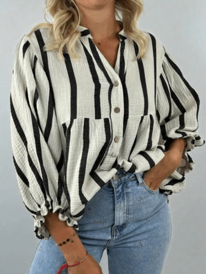 Blusa de mujer con botones a rayas, de tela tejida, manga obispo larga, longitud regular, con cuello, primavera