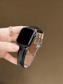 Piele lăcuită neagră cu curea decorativă cu litere metalice, mărime reglabilă | Negru lucios de lux cu design cu cataramă metalică, compatibil cu Apple Watch Ultra/SE/Series 11/10/9/8/7/6/5/4/3/2/1 | Se potrivește cu dimensiunile 38 mm 40 mm 41 mm 42 mm 44 mm 45 mm 46 mm 49 mm - argintiu negru - Vizualizare 3