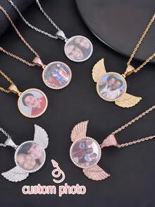 Personalized Custom Made Photo Circle Necklace & Pendant LARGE Hip Hop Round Pendant, Wings Hip Hop Necklace, Jewelry Gift For Him/Her - Multicolor - View 2