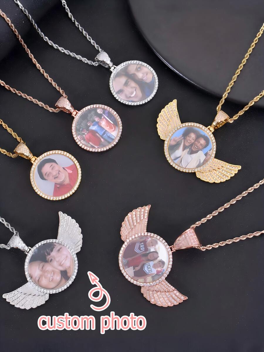 Personalized Custom Made Photo Circle Necklace & Pendant LARGE Hip Hop Round Pendant, Wings Hip Hop Necklace, Jewelry Gift For Him/Her