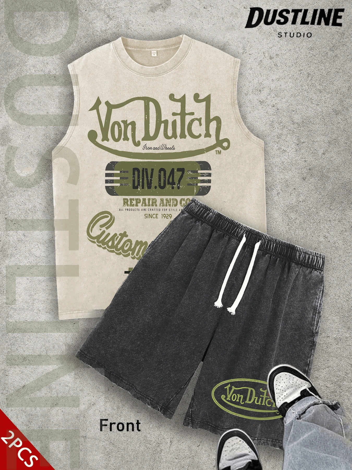 Mens 2 Piece Y2K Style Street Fashion Sleeveless Wash Vest And Shorts Set Unisex Style With Von-Dutchs Print Couples Matching Outfits Ideal For Valentines Day Romantic Looks Street Style St Patricks Day Easter Carnival Back To School Season Gifting Godspeed Astronaut Print Sleeveless Top And Shorts Set With Vintage Graphic Design For Casual Streetwear Look Mens Outfit Summer Wear Couple Style - 杏色 - 查看 1