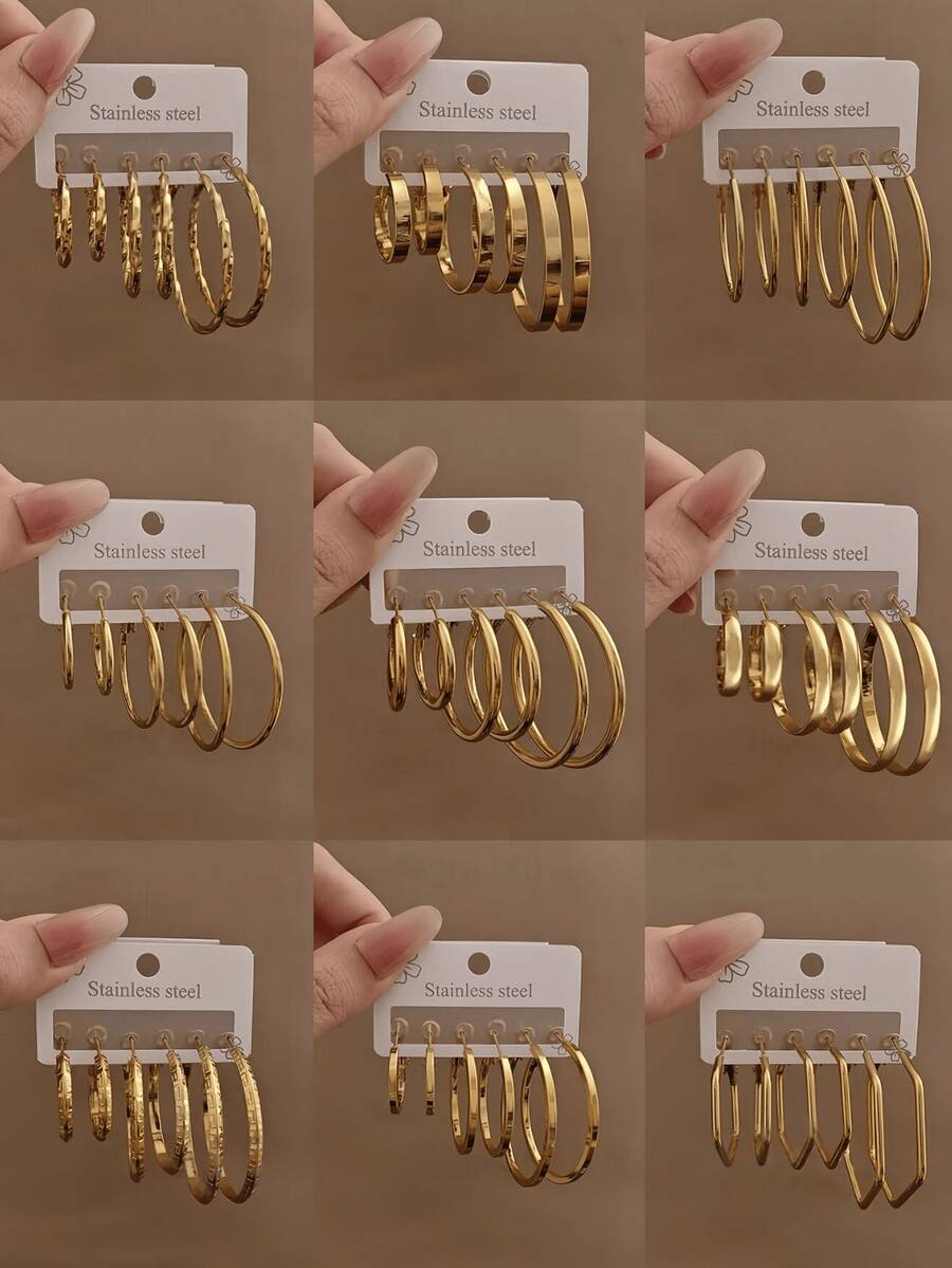 OBOVAY 3 Pairs/Set Stainless Steel Gold-Plated C-Shaped Earrings, Women's Polished Geometric Design Earring Set, Suitable For All Seasons, Daily Wear, Parties And Banquets - Multi-size Earring Set - View 1