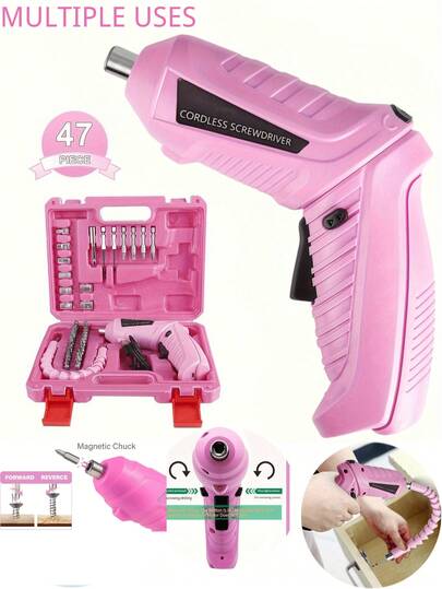 1300mAh Cordless Electric Screwdriver Set, 36V Rechargeable Lithium Battery Powered Mini Drill For Home Maintenance And Repair, Ergonomic Design, Screwgun Function, Pink DIY Tool Kit Suitable For Women, Office And Garage