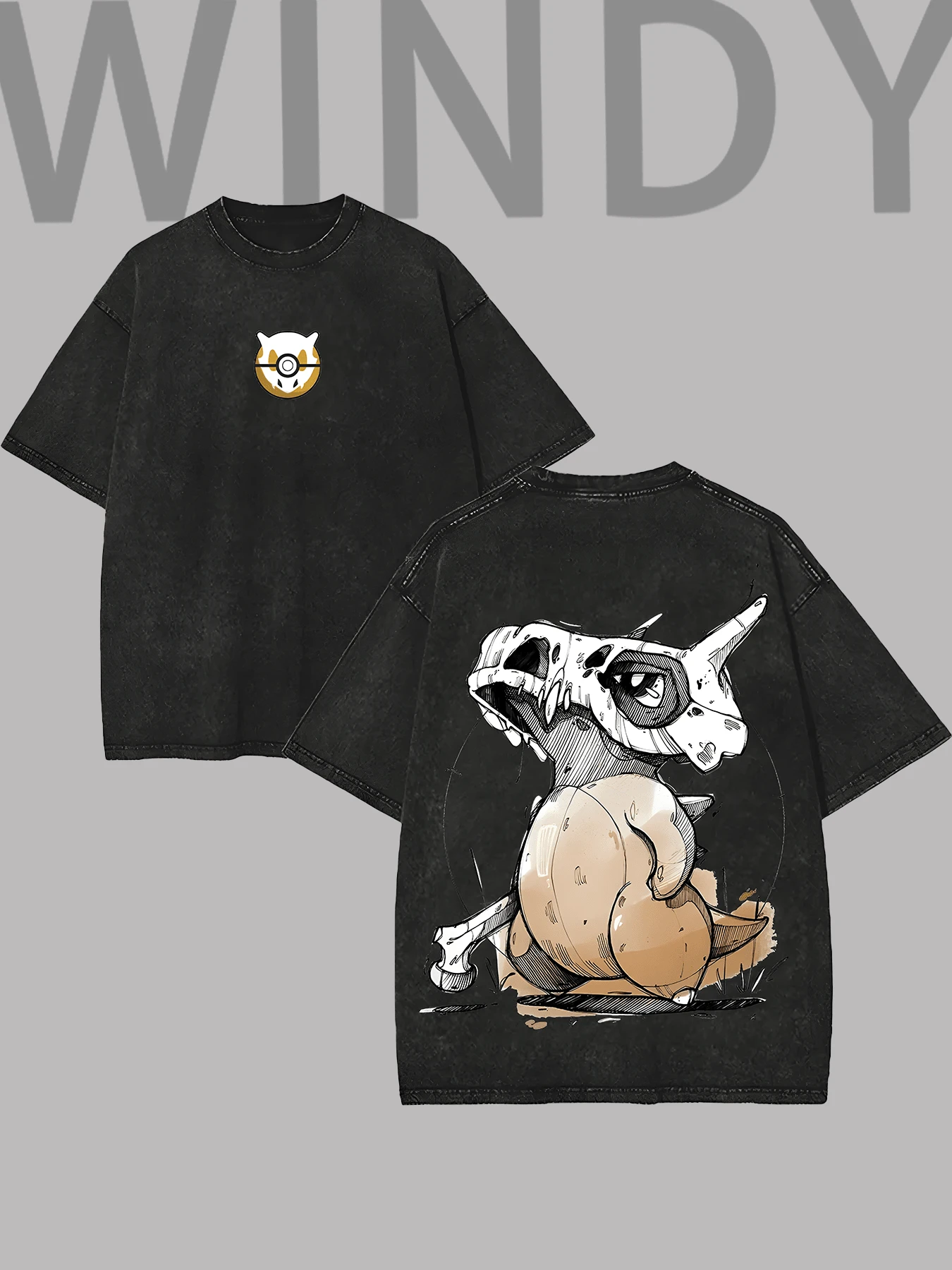 Double-Side Men Water Washed Streetwear Brand Street Style 100 Percent Cotton T Shirt Front And Back Print With Pokemones Inspired Design And Dinosaur Skull Art For Casual Wear Outdoors And Urban Lifestyle | Front And Back Print | Vintage Heavyweight Tee | Perfect Gift | Loose Comfortable Breathable | Machine Washable Fabric | Hip Hop Cool Style | Drippy Clothes | Y2K Fashion - 黑色 - 查看 1