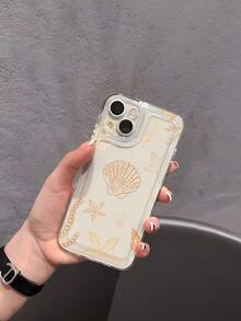 1pc Minimalist Line Design Transparent Gold Starfish & Shell Pattern TPU Soft Protective Phone Case, Suitable As Birthday/Holiday Gift For Friends, Family, Couples, Compatible With Apple Phones - Multicolor - View 5