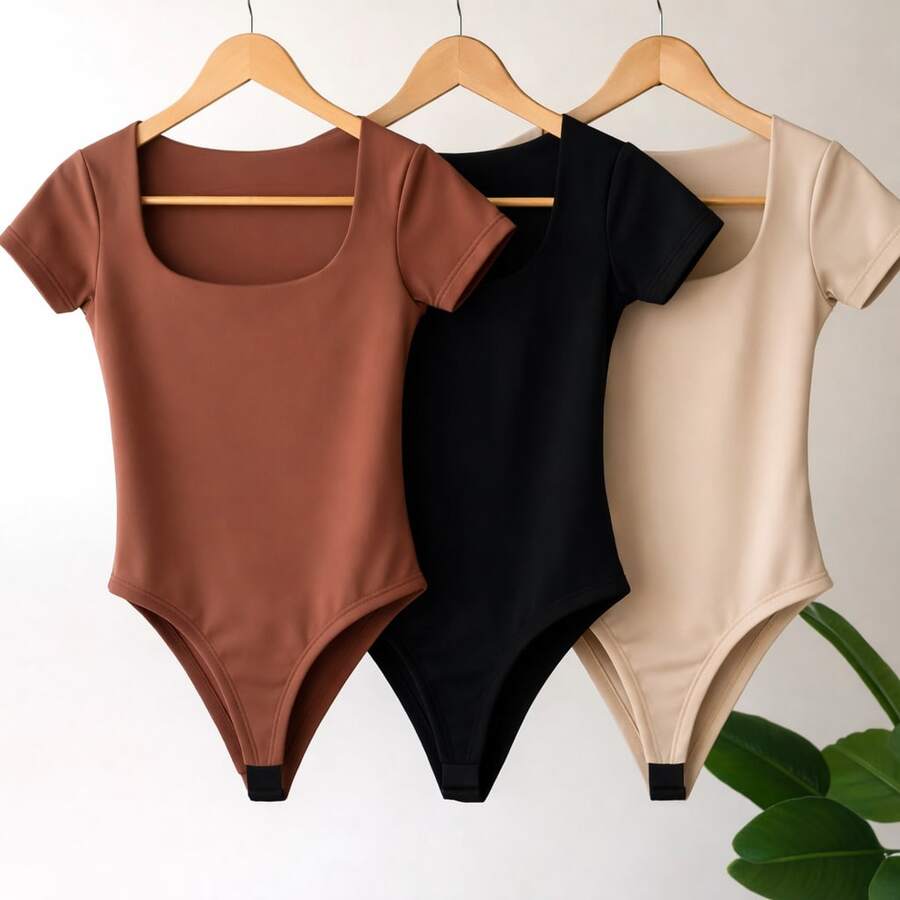 3-Piece Set Of Women's Square Neck Bodysuits - Casual And Elegant - Versatile Set For Sophisticated Looks - 棕色,米色和黑色 - 查看 1
