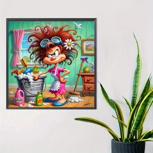 1件装全新卡通凌乱头发女人清洁主题5D钻石画套装，DIY圆形水晶钻石马赛克工艺品，适合制作手工礼物，装饰客厅、卧室、宰牲节、父亲节、母亲节、婚礼、五一劳动节、复活节、圣诞节、情人节等节日，无框 - 查看 4