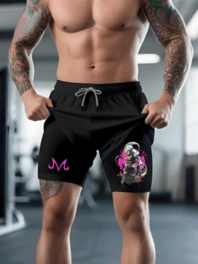 Unisex Anime Print 2 In 1 Lightweight Short,Beach Shorts,Versatile Wear For Weightlifting/Yoga/Running,Gym Clothing Shorts,Classic Mens Graphic Shorts With Pocket ,Shorts Men,Activewear,Casual Athletic Sport Short,High Stretch Sport Short,Quick Dry Swim Trunk,Comfortable Short - màu đen - Xem 2