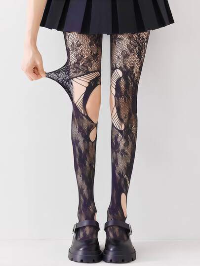 女士黑色丝袜，春秋季薄款，JK渔网袜，蕾丝镂空连裤袜，性感连裤袜