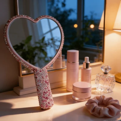 Gương trang điểm cầm tay đính đá lấp lánh, độ phân giải cao, được các influencer khuyên dùng, chất lượng cao, phù hợp để dặm lại lớp trang điểm hàng ngày, nhỏ gọn và dễ mang theo, món quà tuyệt vời dành cho phụ nữ.