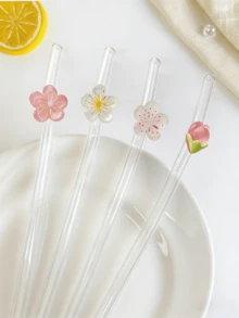1-6支装可重复使用玻璃吸管，饰以优雅的樱花和桃花图案，花卉美学饮具，适用于冰饮、奶昔、冰沙、珍珠奶茶、果汁等冷饮，适合海滩派对、户外野餐、甜品店、小吃店、聚会、家庭聚会、儿童活动、情人节、返校季等场合，是送给女孩的清新贴心礼物。 - Style B - 查看 6