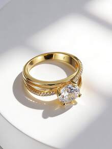 Charm-In 18K Gold Plated Copper Ring Triple Shank Split Band Design Layered Cubic Zirconia Solitaire Engagement Ring For Women Bridal Jewelry - Gold - View 2