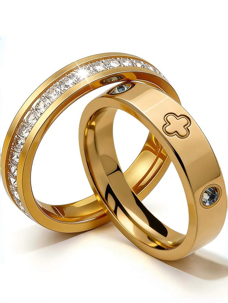 2 piezas Anillos de acero inoxidable simple/doble con circonita cúbica chapada en oro, apilables y para uso diario - Juego de trébol de cuatro hojas dorado - Añade 16