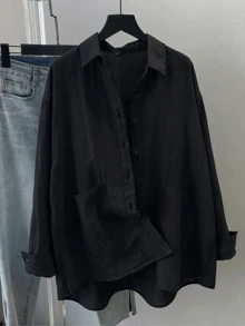 女士休闲长袖翻领衬衫，带口袋，宽松梭织面料，适合日常穿着，春夏黑色 - 黑色 - 查看 4