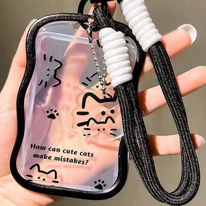 Adorable Cat-Themed TPU ID & Work Card Holder With Wave Design, Includes Braided Bracelet & Charm Pendant - "How Can Cute Cats Make Mistakes?" Motif - Perfect For Office And Daily Travel, Cat Accessories
