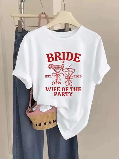 100% Cotton Women's Oversized T-Shirt, "Bride Wife Of The Party" Cocktail Graphic (EST. 2026) - Perfect For Bachelorette Parties, Bridal Showers & Wedding Planning Events