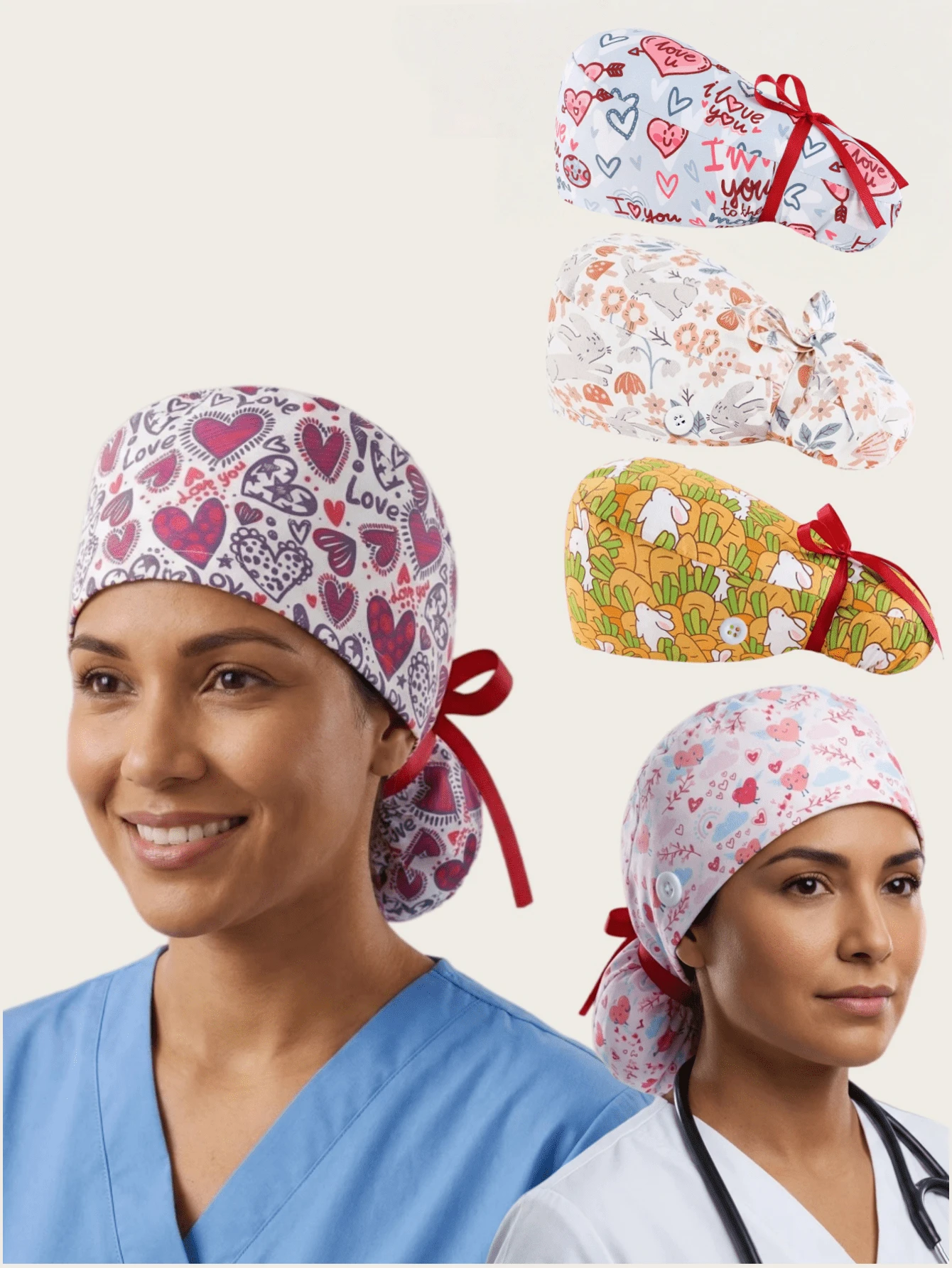 女士手术帽/护士帽/多功能发圈，适合酒店/餐厅员工或食品加工工人佩戴 - 長尾印花 - 查看 1