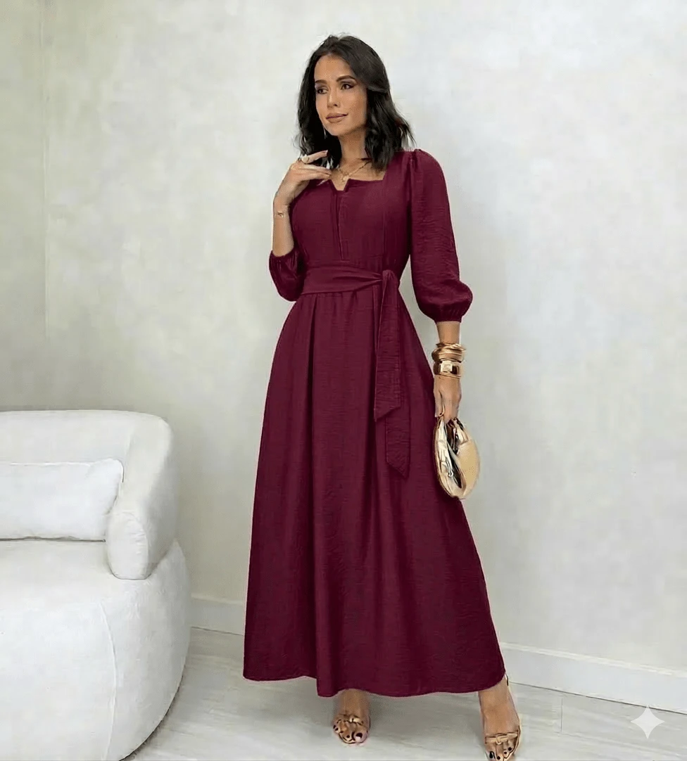 Mirella Long Dress • Winter Style • Square Neckline With Unique Front Opening And Buttons • 3/4 Puff Sleeves With Elastic • Adjustable Belt • Defined Waist • Flowing A-Line Silhouette - 紅木色 - 查看 1