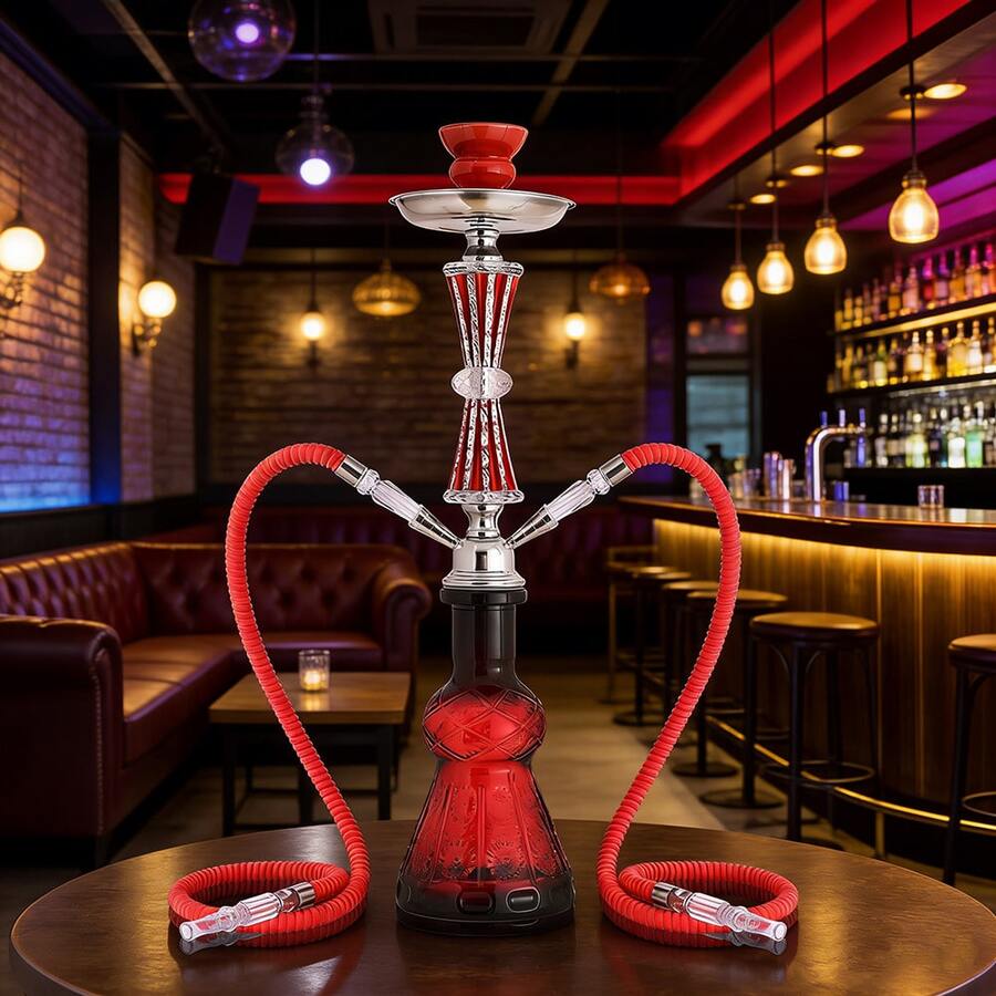 Bộ Shisha gồm 2 ống hút, 2 đầu nối, dài 55 cm. Bộ shisha hoàn chỉnh 20 inch bao gồm bình thủy tinh, chén sứ, kẹp than và ống hút bằng da. - Đỏ - Xem 1