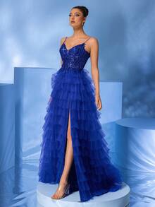 Glamorous Sexy Spaghetti Strap Deep V-Neck Royal Blue Sequin Patchwork Layered Sheer Dress High Slit Maxi Party Evening Gown Wedding Spring - Royal Blue - View 5