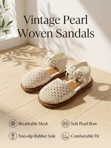 1 Pair Toddler Girls' White Mesh Upper With Pearl & Bow Decor Decorated PU Leather Non-Slip Comfortable Lightweight Breathable Closed Toe Slingback Flat Sweet Elegant Princess Fashion Shoes Perfect For Daily School Wedding Party Outdoor Outings - 米色 - 查看 2