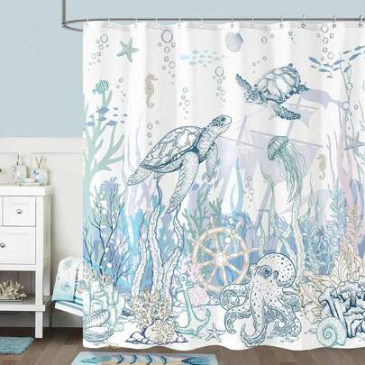 1pc Nautical Coastal Turtle Shower Curtain, Coral Starfish Seashell Ocean Themed Bathroom Curtain, Underwater Seahorse Shower Curtain, Bathroom Decor With 12 Hooks, Bathroom Accessories