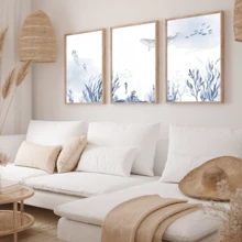 3pcs Watercolor Ocean Theme Posters, Blue & White Tone, Suitable For Bedroom & Living Room Decor, Creating Seaside Summer Ambiance, French Printed Canvas Wall Art, Fashionable Girl Art, Inspirational Quote Art, Home Decor, Wall Hanging - 3pcs - View 10