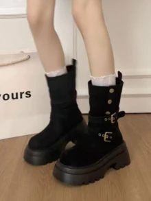 Damen Britischer Stil Leder Schnallen Motorradstiefel, Dicke Sohle Retro Wadenlange Stiefel erhöhen die Größe, schlanke Stiefel, Veloursleder Doppel-Trage Stiefel, geeignet für Pendler Outfits - Schwarz - Übersicht 11