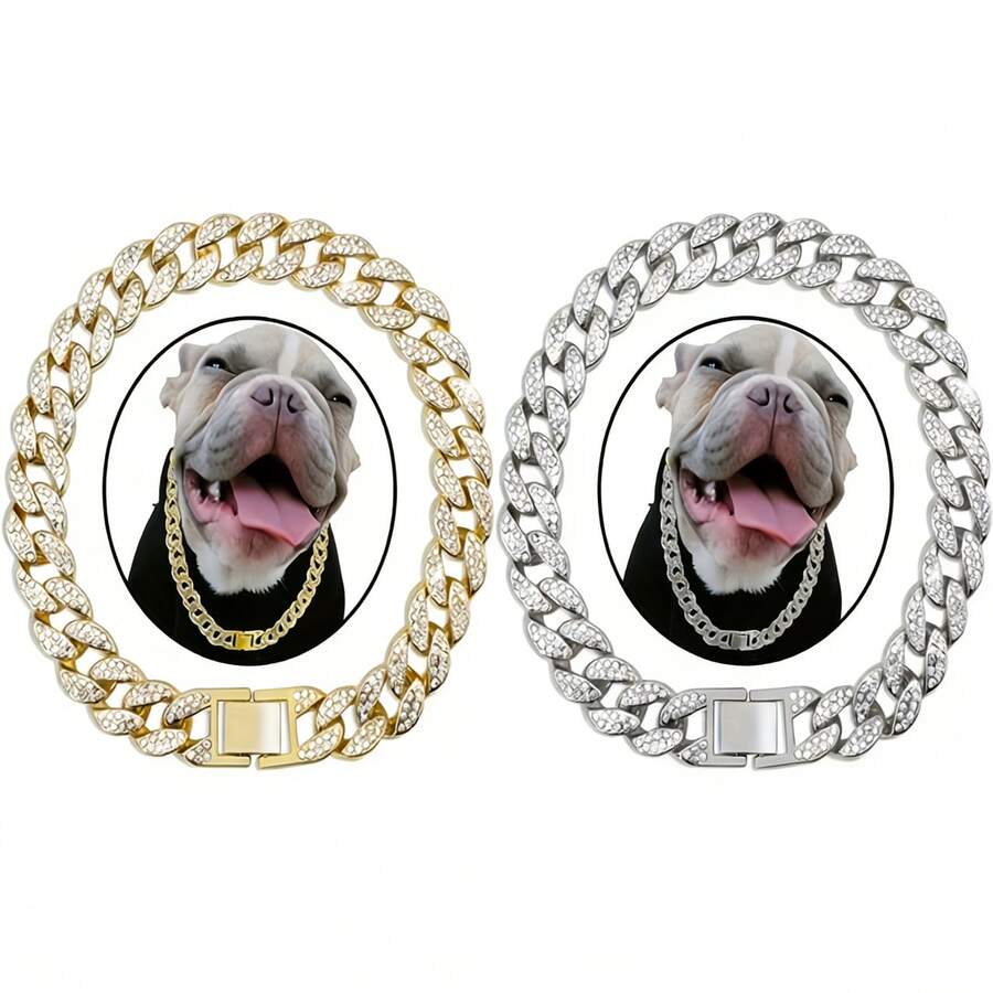 2pcs Unisex Pet Necklace, Zinc Alloy Cuban Chain With Rhinestones, Adjustable Size Fits All Pets, Fashionable And Durable, Essential Pet Accessory - Multicolor - View 1