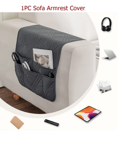 1 chiếc bọc tay vịn ghế sofa màu trơn, chống bụi, có túi đựng đồ, chống trượt, dùng để treo điều khiển từ xa và điện thoại di động.