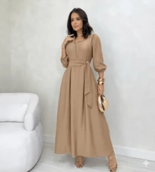 Mirella Long Dress • Winter Style • Square Neckline With Unique Front Opening And Buttons • 3/4 Puff Sleeves With Elastic • Adjustable Belt • Defined Waist • Flowing A-Line Silhouette - 米色 - 查看 1