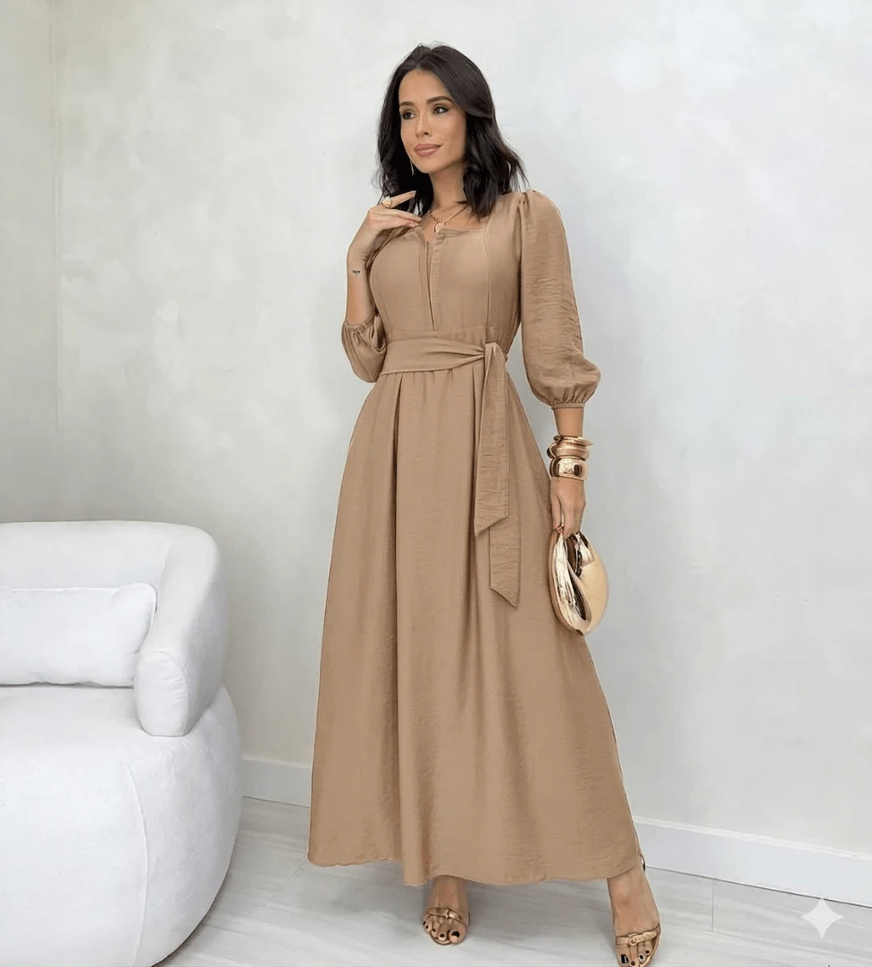 Mirella Long Dress • Winter Style • Square Neckline With Unique Front Opening And Buttons • 3/4 Puff Sleeves With Elastic • Adjustable Belt • Defined Waist • Flowing A-Line Silhouette - 米色 - 查看 1