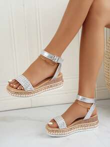 planare Women's Casual Fashionable Woven Round Toe Silver Summer Sandals With Adjustable Strap, Flat Wedge Thick Sole Suitable For Daily, Vacation, Beach Wear - Silver - View 2