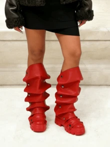 Women Mid Calf Boots Platform Heels Ruch Boots Knee High Fold Over Chunky Heel Short Booties Round Toe Wide Calf Pull-On Shark Boots Daily Party Y2K Dress Boots For Woman - Đỏ - Xem 7