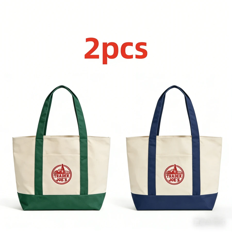 2Pcs-Trader Joes Large Tote Shopping Bag Cotton Canvas Embroidered Bag - 彩色 - 查看 1
