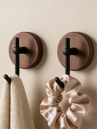 1/2/4pcs Walnut Wood Wall Hook, No Drilling Adhesive Towel Hook For Bathroom Kitchen, Space-Saving Rustic Bathroom Organizer, Durable Natural Walnut Wood Mount, Easy Peel-And-Stick Installation, Corrosion-Resistant Finish, Multifunction Hook For Towel, Robe, Accessories, Ideal For Small Spaces, Apartments, Dorm Rooms, Lightweight Yet Strong, Leaves No Marks Upon Removal, Modern Home Decor Accessory