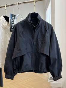 女士黑色立领防风夹克，时尚休闲百搭飞行员夹克，春秋季 - 黑色 - 查看 3