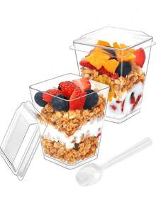 60pcs/20sets 5oz Plastic Dessert Cups With Lids, Yogurt/Appetizer Cups With Lids Suitable For Parties, Mini Dessert Cups With Spoons For Pudding, Fruit And Ice Cream, Wedding Supplies - Cup Body + Lid + Spoon - View 7