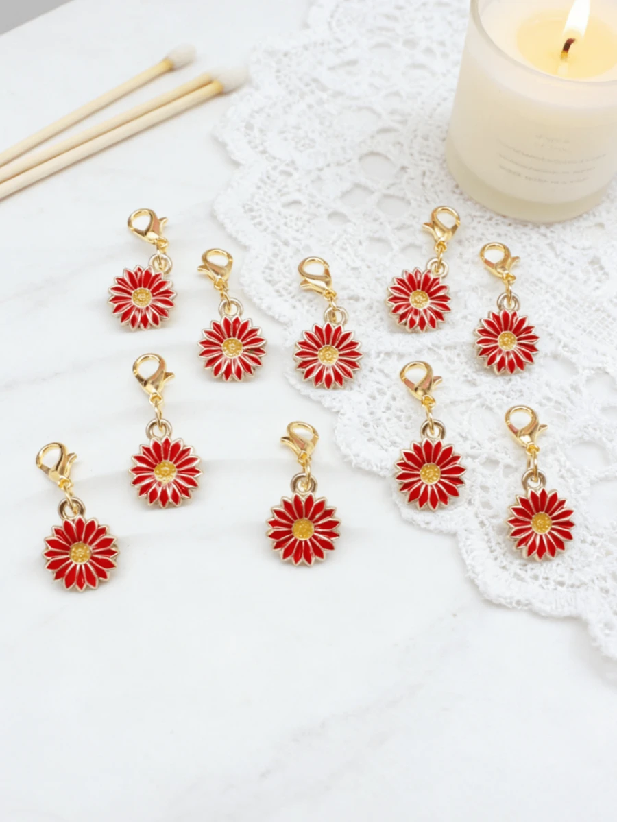 10Pcs Four‑Leaf Clover Fortune Keychain,Lucky Shamrock Charm Keyring.Perfect Gift For Graduation,Wedding,Various Ceremonies And Packaging Decorations. - Red Daisies - View 1