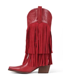 Knee High Boots For Women Rhinestone Fringe Wide Calf Pointed Toe Chunky Heel Western Long Tall Boot Cowgirl Cowboy Boots Pull On Retro Concert Festival Statement Boots - Đỏ - Xem 5