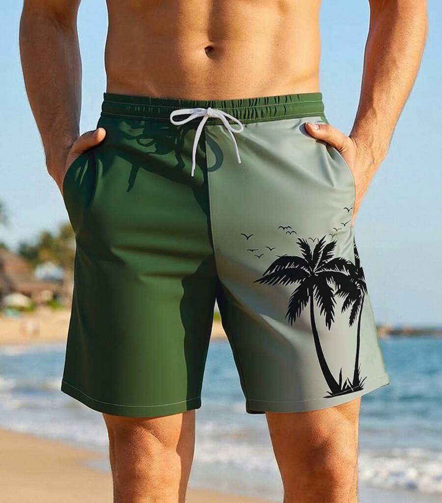 Men's Hawaiian Style Beach Pants, Coconut Tree Print Swimming Pants, Drawstring Waist, Single-Layer Unlined Vacation Beach Casual Pants - 綠白 - 查看 1