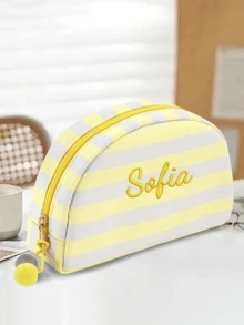 Personalized Embroidered Striped Shell-Shaped Dopamine Color Makeup Bag, With Zipper And Pom Pom Decor, Customizable With Name/Text, Portable Travel Storage Pouch - Multicolor - View 3