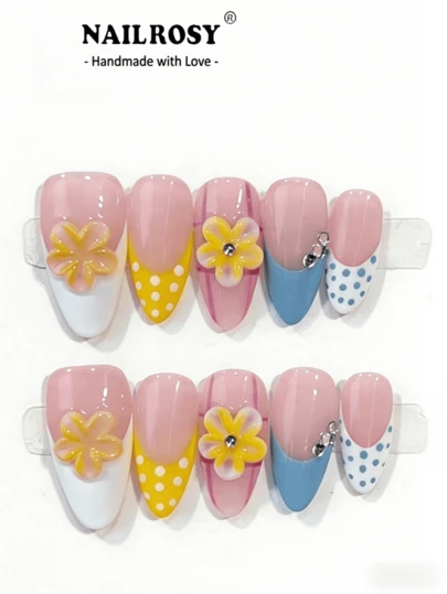 nailrosy Bộ 10 móng tay giả hình hạnh nhân 3D họa tiết hoa màu đỏ tía, thủ công, trang trí móng tay hoa 3D thanh lịch, phù hợp cho mùa hè và mùa xuân, có thể tái sử dụng, sang trọng cho các dịp lễ, du lịch, sinh nhật.
