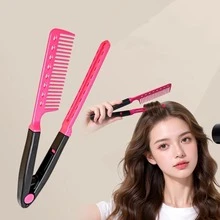 1pc Multi-Functional Hair Styling Tool V-Shaped Comb - Fine-Toothed Curly Comb For Detangling Hair - Hair Straightening Brush - V-Shaped Clamp Design Curling & Straightening Dual-Use Brush - Multicolor - View 2